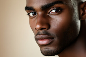 Obraz premium Man with a strong jawline and intense eyes, set against a neutral background