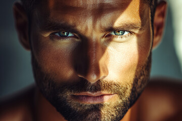 Fototapeta premium Man with a strong jawline and intense eyes, set against a neutral background