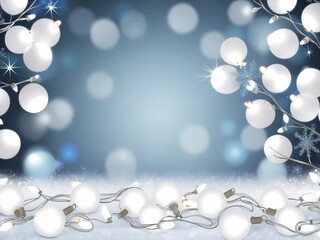 Winter bokeh background with glowing white lights, snowflakes, and baubles. Ideal for holiday cards, festive decorations, or winter-themed designs providing an elegant, serene atmosphere