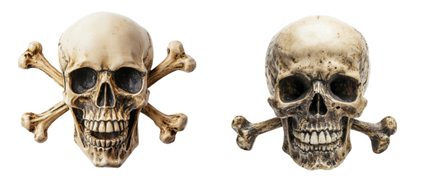 Two stylized skulls with crossed bones on a white background, symbolizing danger, death, and piracy. transparent background