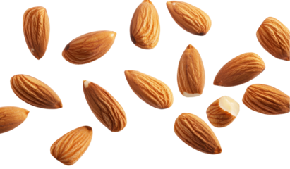 A scatter of raw almonds against a white background, showcasing their natural texture and shape. transparent background