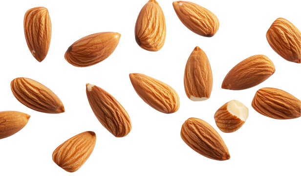 A scatter of raw almonds against a white background, showcasing their natural texture and shape. transparent background