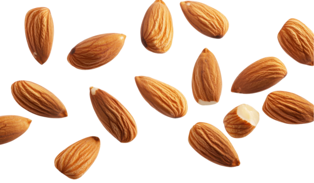 A scatter of raw almonds against a white background, showcasing their natural texture and shape. transparent background