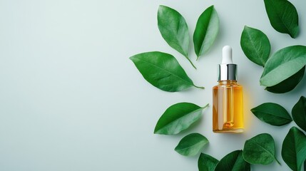 Natural cosmetic product oil or essence in a bottle with a dropper, with fresh green leaves, top view. Concept of beauty, skin, hair or body care