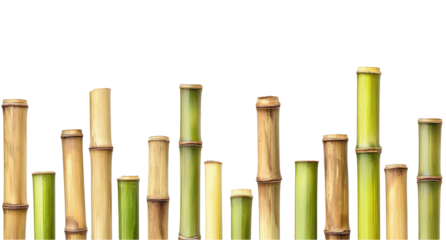 A striking arrangement of bamboo stalks in varying heights against a white background, showcasing nature's textures and colors. transparent background
