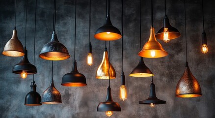 Obraz premium Stylish collection of black hanging lights in modern interior design setting with warm illumination
