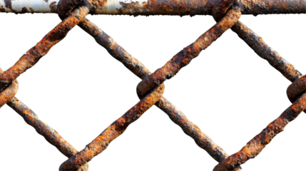 A close-up view of a rusty, worn-out chain-link fence with a white background, highlighting the texture and imperfections of the metal. transparent background