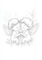 line-art of two cherubs simple, clean outlines " ai generated "