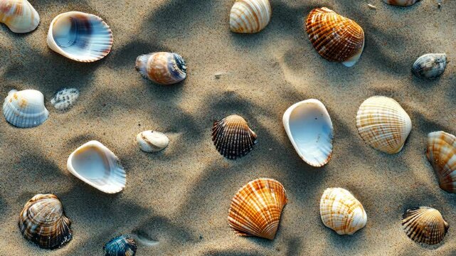 A collection of seashells rest on the sand, collected after a day at the beach