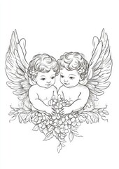 Fototapeta premium line-art of two cherubs simple, clean outlines 