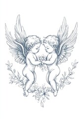 Fototapeta premium line-art of two cherubs simple, clean outlines 