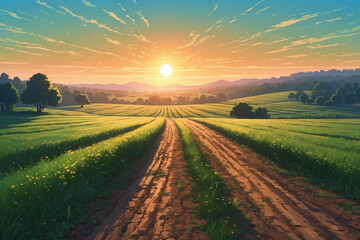 Obraz premium Anime style, rural road through misty fields, sun rising behind trees, soft glow over green crops, tranquil