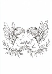 Naklejka premium line-art of two cherubs simple, clean outlines 