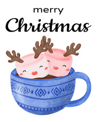 Watercolor Merry Christmas greeting postcard, invitation, poster. Hand drawn holiday illustration