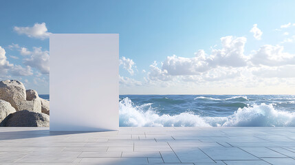 Blank billboard with a white cutout display on a beachside promenade, waves and a serene sky in the background