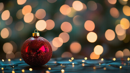 Obraz premium A red ornament sits on a table with a blurry background. The ornament is the main focus of the image, and it is a Christmas decoration. The blurry background suggests a sense of movement or a dreamy