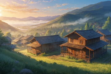 Fototapeta premium Anime style, foggy morning in a mountain village, mist covering wooden houses, soft light breaking through
