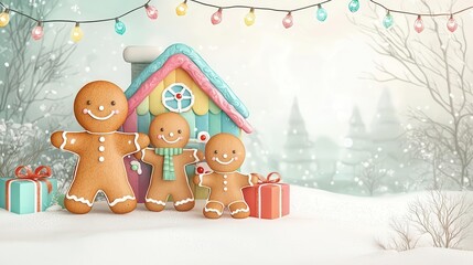 Obraz premium Gingerbread family decorating their colorful house with Christmas lights, playful scene, 3D illustration