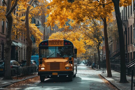 Photo of school bus in ney work city vehicle autumn car.