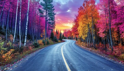 Fototapeta premium Scenic winding road through vibrant autumn forest with colorful foliage under a dramatic sunset sky, creating a serene and picturesque landscape.
