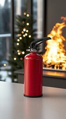 Fototapeta premium The fire extinguisher stands ready on the counter as flames erupt from the gas stove, highlighting the need for fire safety awareness