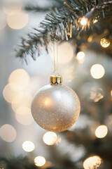 A Christmas tree with a gold and silver ornament hanging from it. The ornament is a ball with a gold center and a silver rim. The tree is lit up with lights, creating a warm and festive atmosphere