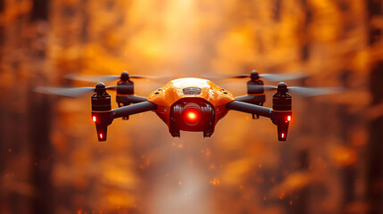Orange Drone Flying Over Autumn Forest - Realistic Image