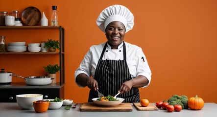 African personal chef preparing meals satisfied expression apron and kitchen attire solid orange background chubby build early forties female