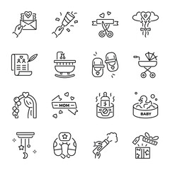Collection of Linear Style Baby Shower Icons 

