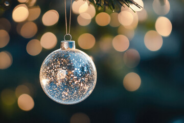 Fototapeta premium A Christmas ornament hanging from a tree. The ornament is a clear glass ball with a silver chain. The scene is set in a room with a Christmas tree