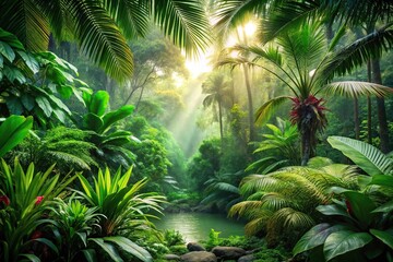 A beautiful and vibrant jungle scene with exotic green plants and trees, plant life, dense jungle, vegetation