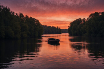 Boat in silhouette on quiet river, trees lining the banks, sky ablaze with pink and orange sunset hues