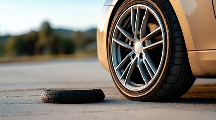 A close-up reveals a flat tire on a steel rim parked next to another car on an old brick street, evoking a sense of despair