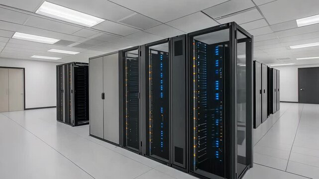 Rows of server racks line a clean, white server room