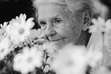 Portrait of an elderly woman gardening, surrounded by blooming flowers