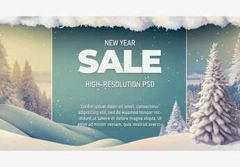 Holiday & Winter Templates: Snowy Landscape with Christmas Tree, Sale Sign, and Falling Snowflakes for a Magical Season Holiday Template Generative AI