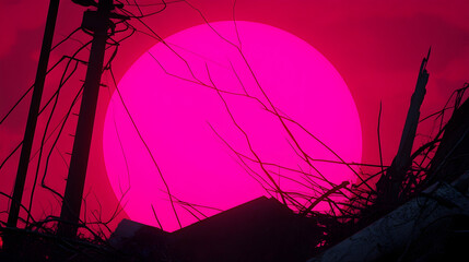 Pink Sunset Over Ruins, destruction, apocalyptic, abandoned, wasteland, cityscape