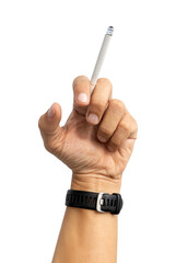 Isolated hand gesture with a lit cigarette, highlighting the risks and consequences of tobacco addiction and health awareness. png file. transparent background