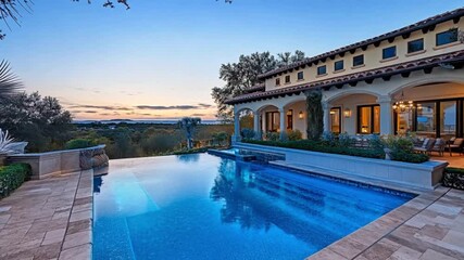 Stunning luxury villa with infinity pool at sunset. Elegant estate with infinity pool reflecting evening sky.