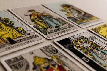 Spread Tarot cards symbolizing intuition and mystique. Perfect for themes of divination and...