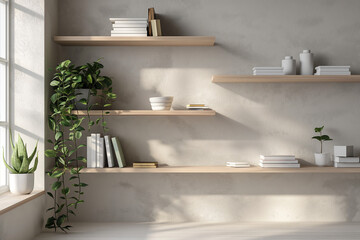 Office interior backdrop for online meetings. Light home office setting bookshelves background. Minimalist online workspace aesthetics. Video conferencing room design in pastel tones.