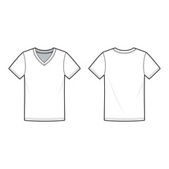 Front and back view technical flat of a short-sleeve V-neck T-shirt, displayed in a minimalist outline style.
