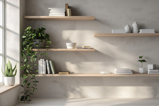 Office interior backdrop for online meetings. Light home office setting bookshelves background. Minimalist online workspace aesthetics. Video conferencing room design in pastel tones.