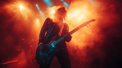 Obraz premium Rock Concert Musician Playing Guitar on Stage Photo