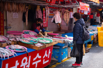 한국 부산의 오래된 전통의 수산물 시장(자갈치 시장)