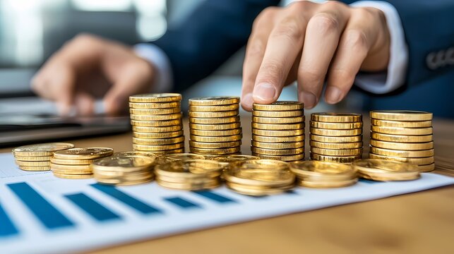 A Focused Businessman Organizing Gold Coins to Showcase Financial Growth in a Professional Presentation Environment