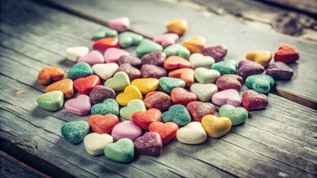 A cluster of colorful heart-shaped stones on a rustic wooden surface, symbolizing love, affection, and a touch of vintage charm.