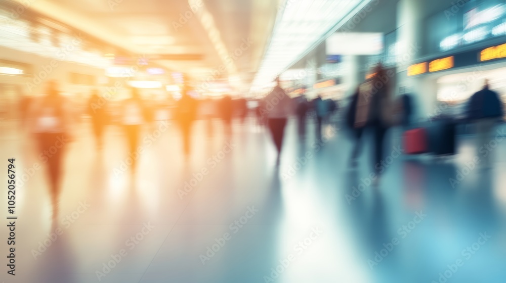 Poster blurred travelers walking through a modern airport terminal. the image conveys a sense of movement a