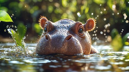 Fototapeta premium Playful hippo peeking from water with greenery background, cheerful nature scene full of splashes