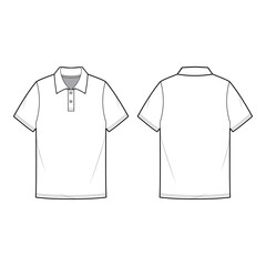 Front and back view technical flat of a polo shirt with collar and button placket, displayed in a minimalist outline style.
